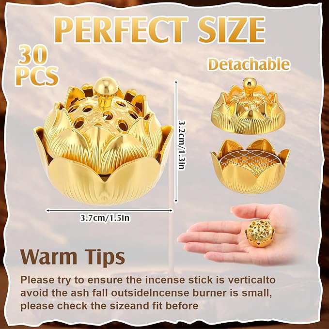 30 Pcs Return Gifts for Pooja Incense Holder Indian Return Gifts Lotus Flower Incense Burner Holder Sticks Cone Burner Ash Catcher with Lid for Pooja Indian Wedding Party Supplies(Golden)
