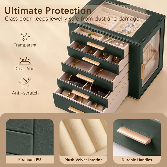 Homeanda Jewelry Box for Women with Glass Lid, 5 Drawers Jewelry Organizer and Storage for Necklaces, Rings, Earrings, Bracelets, Gift for Girls and Teens,PU Leather (Green)