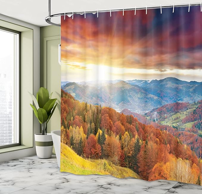 Ambesonne Forest Shower Curtain, Trees Rays When Sunrise and Grungy Rain Clouds View, Cloth Fabric Bathroom Decor Set with Hooks, 69" W x 75" L, Yellow Orange