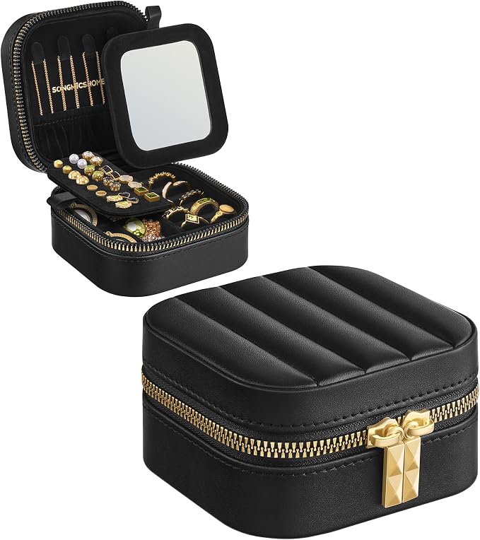 SONGMICS HOME Travel Jewelry Case with Mirror, Stitching, Portable | Jewelry box organizer, 4.1 x 4.1 x 2.4 Inches, Gift Idea, Ink Black, UJBC179B01