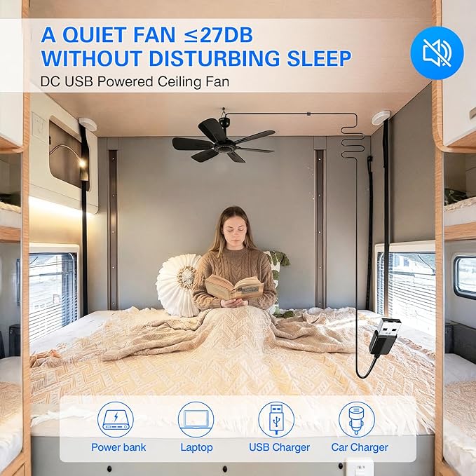 17.7" Inch Small Portable Ceiling Fan, USB Plug In, 5V DC Powered, 6 Blades, Indoor/Outdoor RV Camping Tent Canopy, Gazebo，Beach，Hanging, Quiet,black