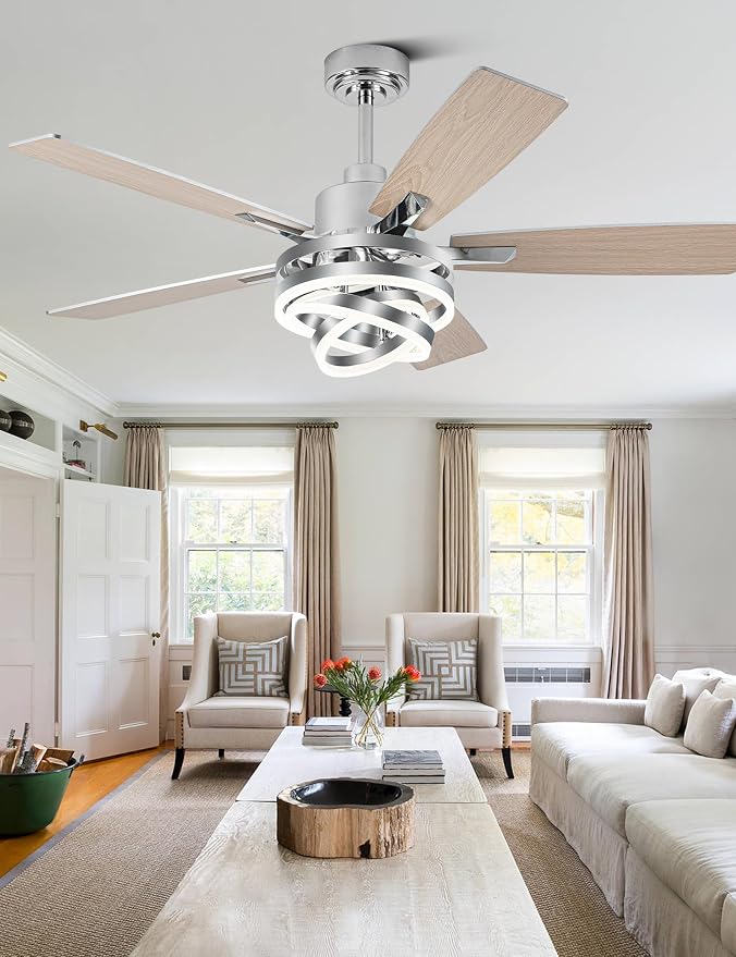 52" Modern Chandelier Fandelier Ceiling Fan with Light | DC motor, reversible, dimmable, 3 adjustable rings for DIY shape; recommended for bedroom, living room, and indoor use.