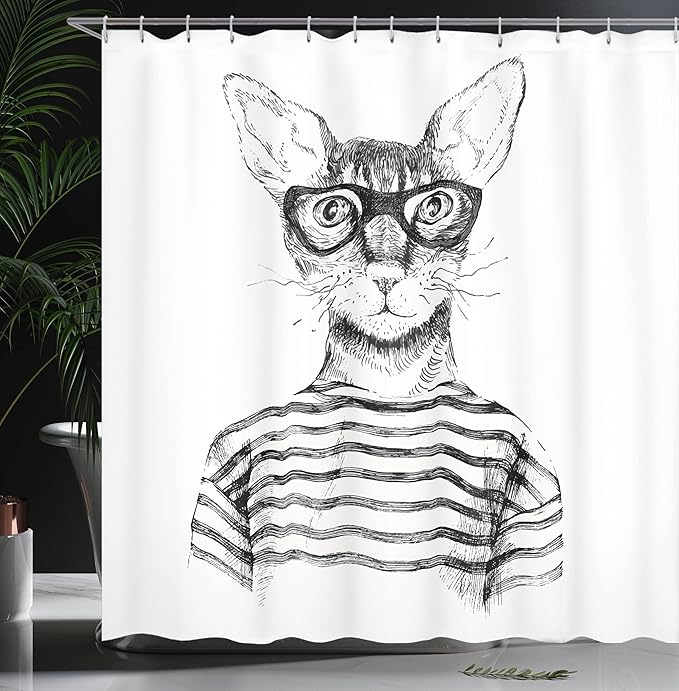 Ambesonne Cat Shower Curtain, Hand Drawn Dressed up Hipster New Age Cat Fashion Urban Free Art Print, Cloth Fabric Bathroom Decor Set with Hooks, 69" W x 70" L, Gray White
