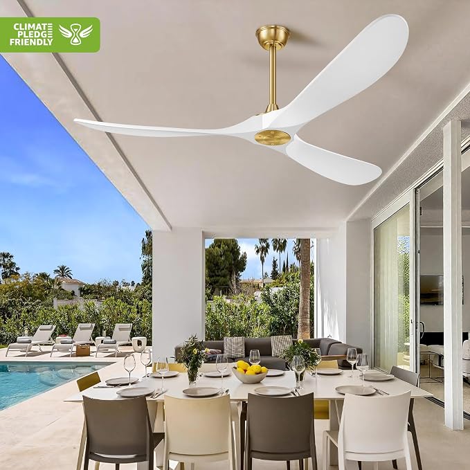 Haipeel 60" Wood Ceiling Fan no Light, 60 Inch Ceiling Fans without Lights with Remote Control, Indoor Outdoor Ceiling Fan no Light for Bedroom Porch Modern Propeller 3 Blade ETL DC Motor, White Gold