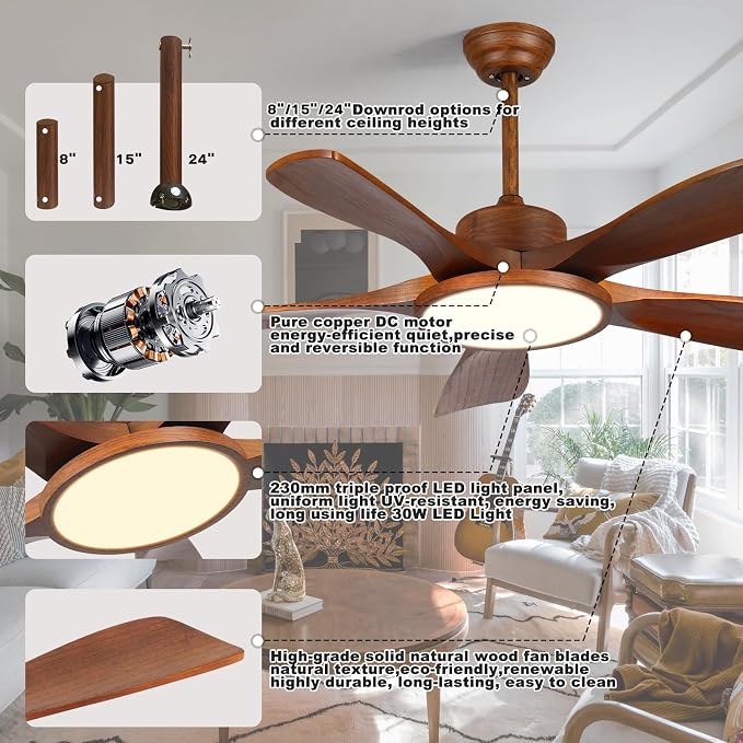 52 Inch Wood Ceiling Fan with Lights and Remote Control 5 Solid Wooden Blades Modern Farmhouse Outdoor Ceiling Fan for Patios Living Room FCC Reversible DC Motor