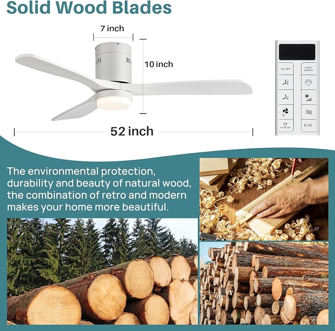 Sofucor 52 Inch Smart White Ceiling Fans with Lights-Flush Mount Low Profile Modern Outdoor Solid Wood Ceiling Fans with Alexa/Google Assistant/APP/Remote Control for Bedroom/Living Room/Office/Patio