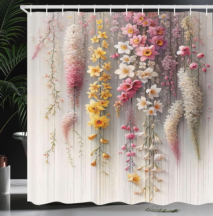 Ambesonne Spring Shower Curtain, Delicate and Romantic Arrange of Creeper Mesh Flowers Cascade Neutral Theme, Cloth Fabric Bathroom Decor Set with Hooks, 69" W x 84" L, Blush Yellow Pink