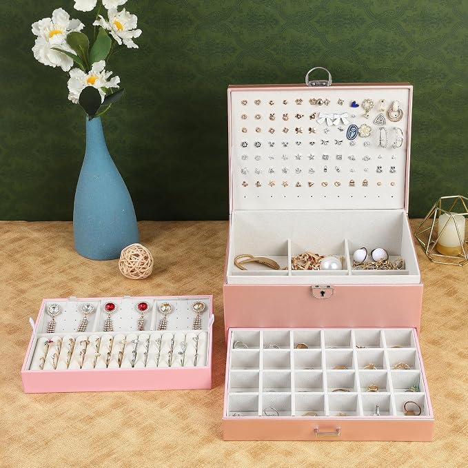 BOOVO Large Jewelry Boxes For Women (rose gold) | 5 Layers Jewelry Organizer Box With Cosmetic Storage Drawer, Necklace Ring Jewelry Organizer Box