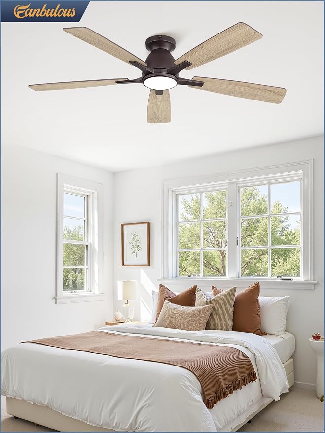 Fanbulous 52" Flush Mount Ceiling Fan with Light, Remote & App, Oil Bronze | 3CCT 20W LED, 6-Speed Quiet Reversible Motor, Modern Low Profile Flush Mount, Ideal for Bedroom/Living Room/Kitchen.