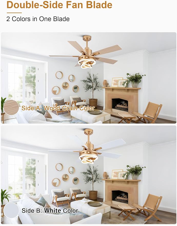 52" White and Gold Modern Chandelier Fandelier Ceiling Fan with Light | DC motor, reversible, dimmable, 3 adjustable rings for DIY shape; recommended for bedroom, living room, and indoor use.