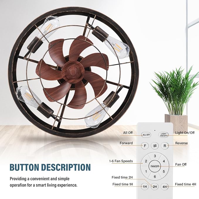 COCOSTAR Caged Ceiling Fan with Light Flush Mount Farmhouse Retro Fandelier | Remote/APP,Low Profile,Enclosed,Bladeless,Quiet,20" Rustic Light Fixture with Fan for Kitchen Bedroom Living Room Dining Room