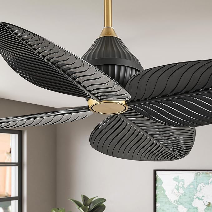 52 inch Ceiling Fan Without Lights, Remote & APP Control, 6 Speed DC Motor, 4 Palm Leaf Blades, Tropical Ceiling Fans for Bedroom, Living Room (Black Gold)