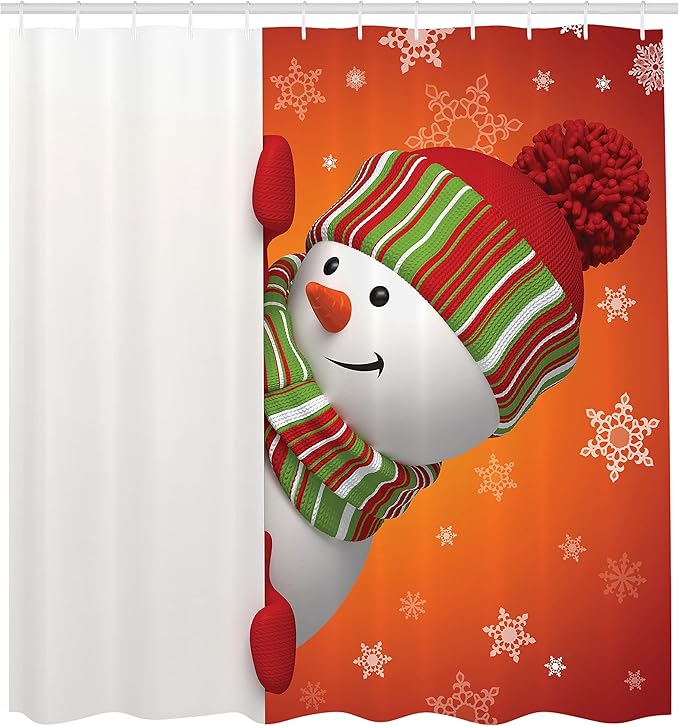 Ambesonne Christmas Shower Curtain, Modern Snowman Illustration and Hat Scarf New Year Celebration Design Xmas Joy, Cloth Fabric Bathroom Decor Set with Hooks, 69" W x 84" L, White Orange