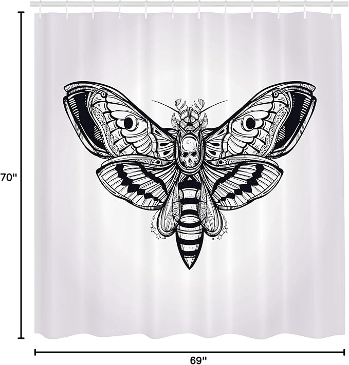 Ambesonne Skull Shower Curtain, Dead Moth with Skull Face in Gothic Grunge Style Dark Butterfly Inner Self Journey, Cloth Fabric Bathroom Decor Set with Hooks, 69" W x 70" L, White Black