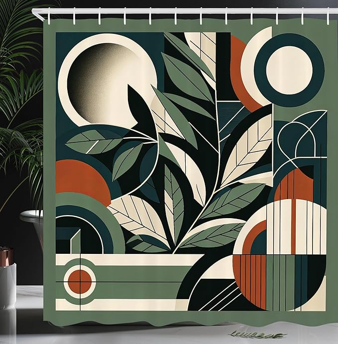 Ambesonne Mid Century Modern Shower Curtain, Leaves Art with Abstract Retro Geometric Lines and Shapes, Cloth Fabric Bathroom Decor Set with Hooks, 69" W x 70" L, Sage Green Cinnamon Beige