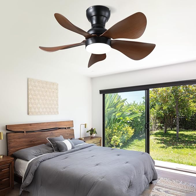 PHORUS 30" Small Brown Low Profile Ceiling Fans with Lights and Remote | Super Large Airflow with 6 Wind Speeds, Reversible, Dimmable 3 CCT LED, 30W Noiseless DC Motor,Timer, for Bedroom Kitchen