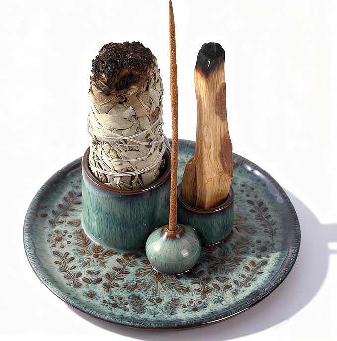5 in 1 Incense Holder Burner, 5.9" Ceramic Holder for Burning Palo Santo Sage Candle and Incense Sticks Cones, Ash Catcher Tray for Meditation Room Home Décor (Bluegrey)