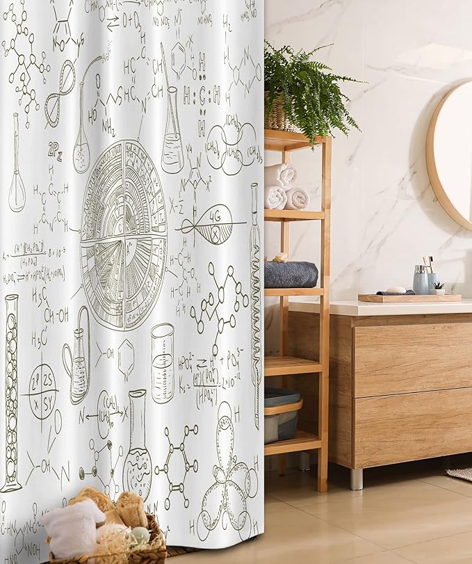 Ambesonne Science Stall Shower Curtain, Science Theme Hand Drawn Style Chemistry Laboratory Illustration, Fabric Bathroom Decor Set with Hooks, 36" W x 72" L, White Umber