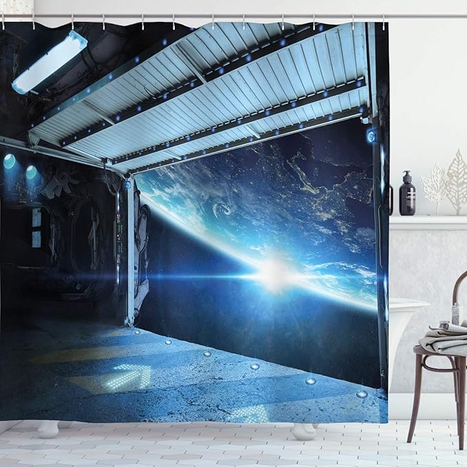Ambesonne Outer Space Shower Curtain, Interstellar Airlock Shuttle Runway Journey to The Stars Invasion View Sci-Fi, Cloth Fabric Bathroom Decor Set with Hooks, 69" W x 84" L, Grey Blue