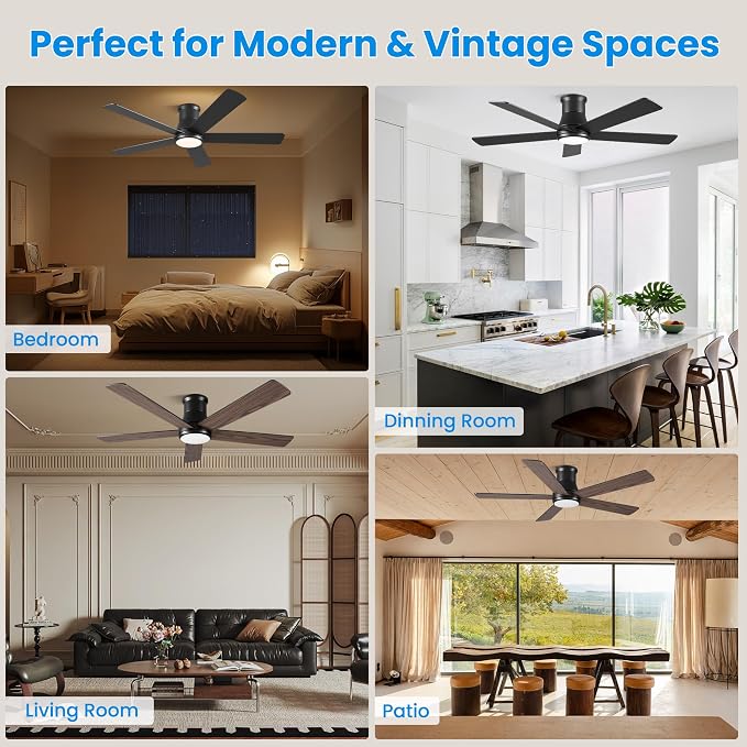 52 Inch Low Profile Ceiling Fan with Light, Black Flush Mount Ceiling Fans with Lights and Remote, 6 Speeds Reversible Quiet DC, 3CCT Dimmable, Indoor Outdoor Ceiling Fans for Patios Bedroom
