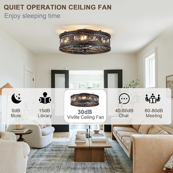 19" Vinctorian Caged Ceiling Fan with Light Flush Mount Fandelier | Vintage Rustic Crystal Chandelier, Low Profile Small Enclosed Bladeless Fandalier for Bedroom Entryway, 4 E26 Bulb Bases