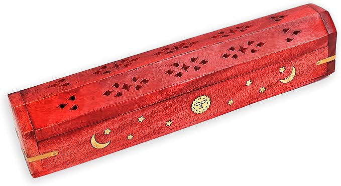 Incense Garden Pack of 2 Incense Stick Holder - Coffin Style - Wood Incense Stick Burner with Sun Moon Star Handmade with Brass Inlays (Red)