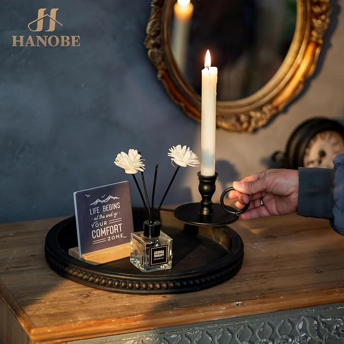 Hanobe Round Decorative Tray with Beaded Edge, Distressed Dark Brown Finish | 11.8" vintage wooden tray for coffee table, ottoman, or counter display, holds candles.