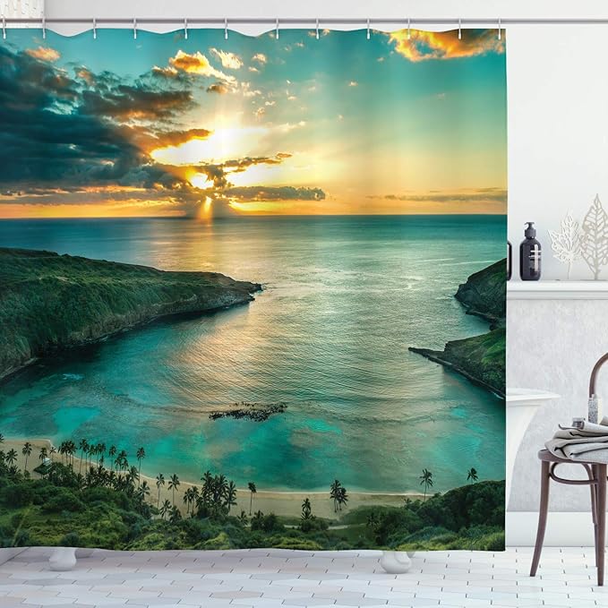 Ambesonne Hawaiian Shower Curtain, Sunrise Over Hanauma Bay Oahu Hawaii Sunbeams Through Clouds Shoreline, Cloth Fabric Bathroom Decor Set with Hooks, 69" W x 84" L, Turquoise Green Yellow