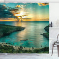 Ambesonne Hawaiian Shower Curtain, Sunrise Over Hanauma Bay Oahu Hawaii Sunbeams Through Clouds Shoreline, Cloth Fabric Bathroom Decor Set with Hooks, 69" W x 84" L, Turquoise Green Yellow