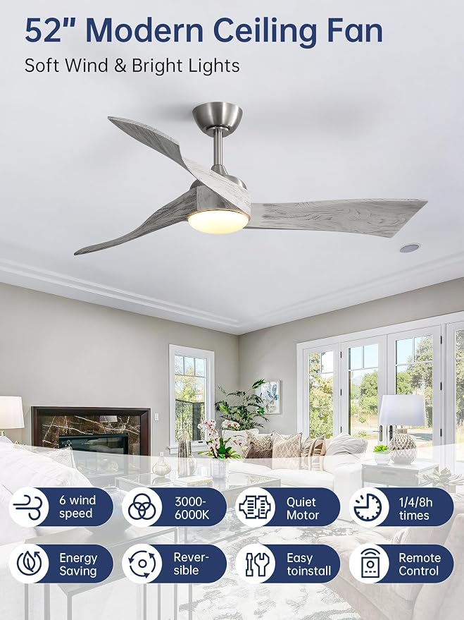 Sofucor 52 Inch Smart Ceiling Fans with Light-Modern Solid Wood Outdoor 3 Blades Ceiling Fan with Light Alexa/Google/APP/Remote Control for Bedroom Living Room, Quiet DC Motor, Brushed Nickel & Grey