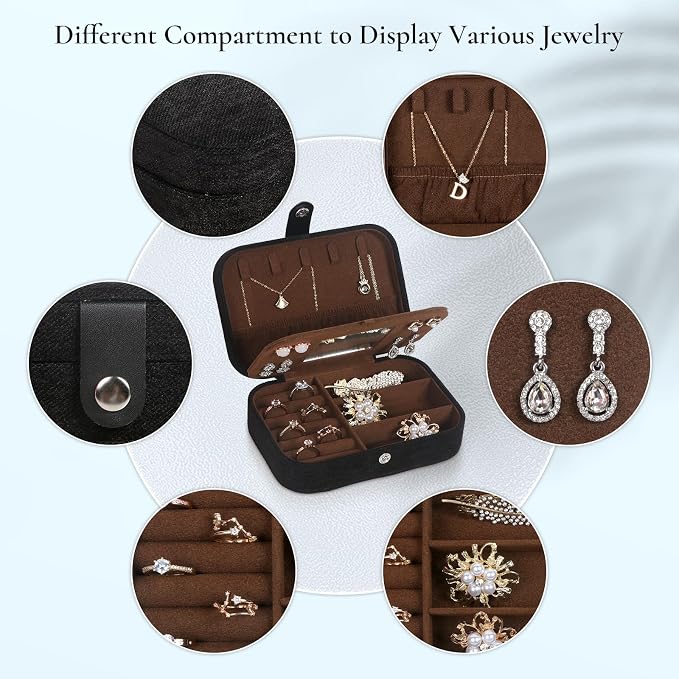 Hatori Travel Jewelry Box, PU Leather Small Jewelry Organizer for Women Girls, Double Layer Portable Mini Travel Case Display Storage Holder Boxes for Stud Earrings, Rings (Black Mirror)