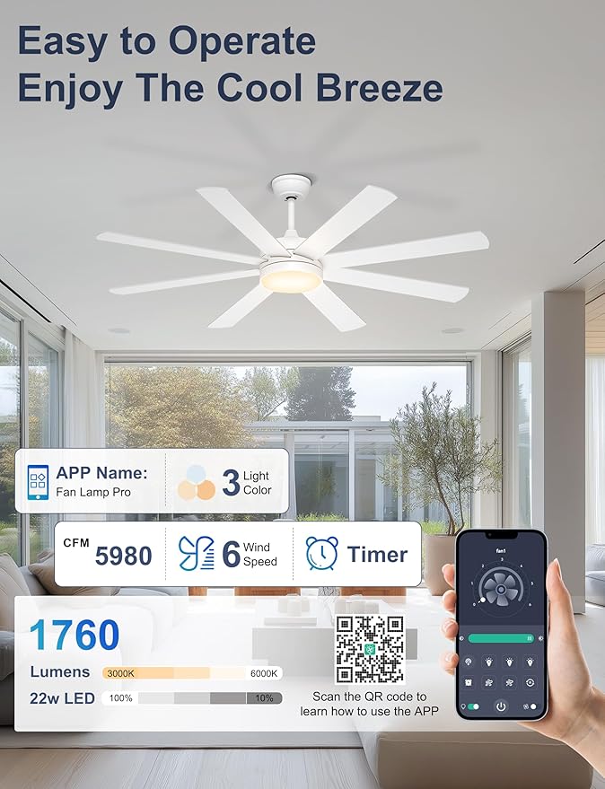 60'' White Ceiling Fan with Lights for Indoor/Covered Outdoor | Remote/APP Control, 3CCT Dimmable, Quiet DC Motor, Reversible Airflow, 8 Blades Modern Overhead Fan for Master Bedroom