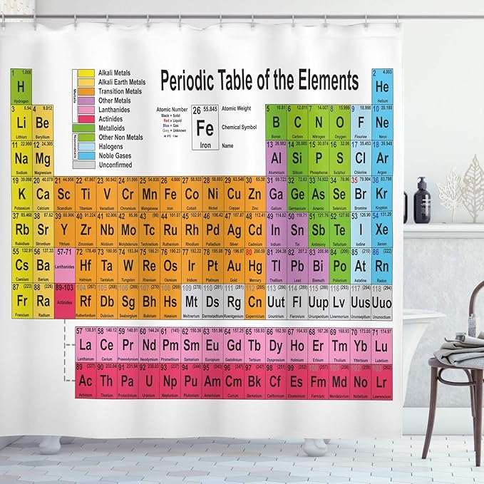 Ambesonne Periodic Table Shower Curtain Backdrop, Chemistry Classroom and Home Decor Science Lovers Element Table Learning Picture, Fabric for Bath Decor Set with 12 Hooks, 69" W x 70" L, White Pink