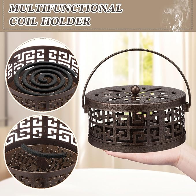 Lallisa 4 Pieces Mosquito Coil Holder Incense Coil Holder Round Retro Portable Metal Hanging Incense Burner with Handle for Home Camping Indoor Outdoor Patio (Bronze,Metal Sheet Included)