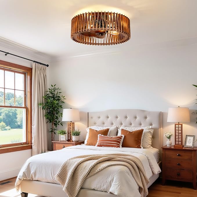 20" Flush Mount Caged Ceiling Fan with Light, Farmhouse Low Profile Ceiling Fan with Remote, Wooden Fandelier 6 Speed Quiet DC Motor, Reversible Chandelier Ceiling Fan for Bedroom Kitchen Living Room