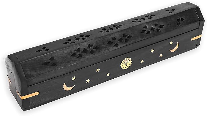Incense Garden Pack of 2 Incense Stick Holder - Coffin Style - Wood Incense Stick Burner with Sun Moon Star Inlays Handmade with Brass Inlays (Black)