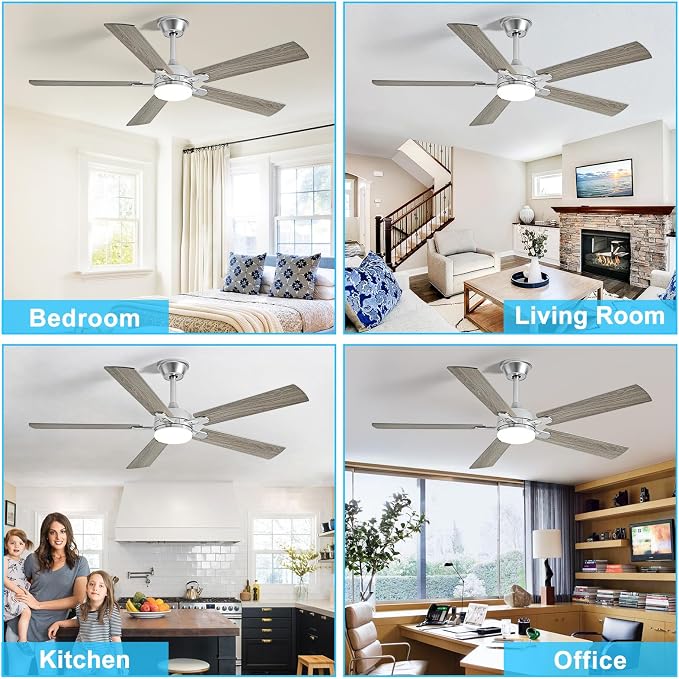 Depuley 52-inch Ceiling Fan with Light: Nickel Ceiling Fan for Living Room Indoor Outdoor - Modern Ceiling Fan with Remote Control 3CCT Dimmable Noiseless 5 Reversible Silver Blades 6 Speeds Timer