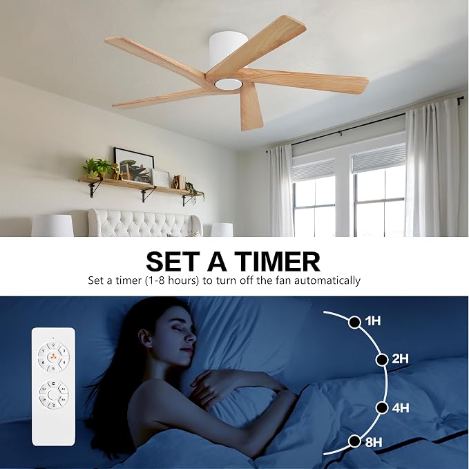 WINGBO 48 Inch Flush Mount DC Ceiling Fans without Lights, 5 Carved Solid Wood Blades, 6-Speed Reversible DC Motor, Low Profile Hugger Ceiling Fan No Lights for Indoor and Outdoor, White and Oak