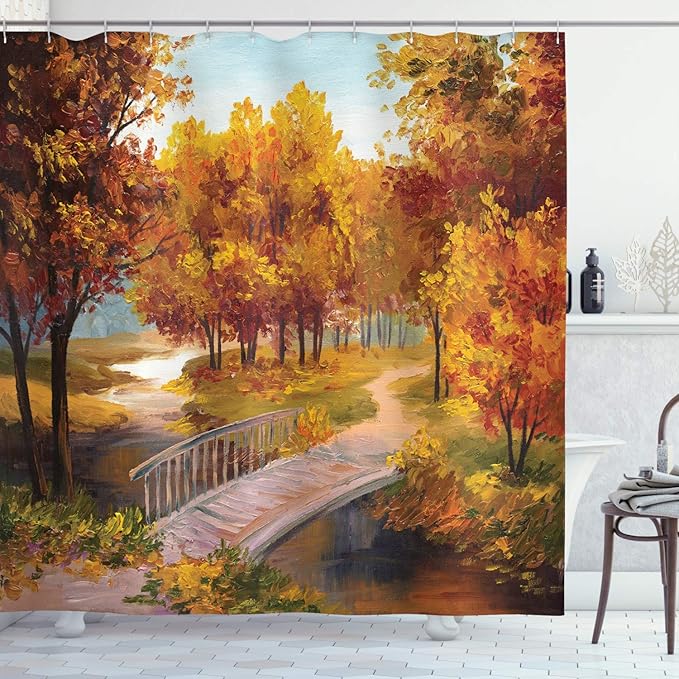 Ambesonne Rustic Shower Curtain, Autumn Forest Leaves in Park Small River Wooden Rustic Bridge Image, Cloth Fabric Bathroom Decor Set with Hooks, 69" W x 70" L, Blue Orange