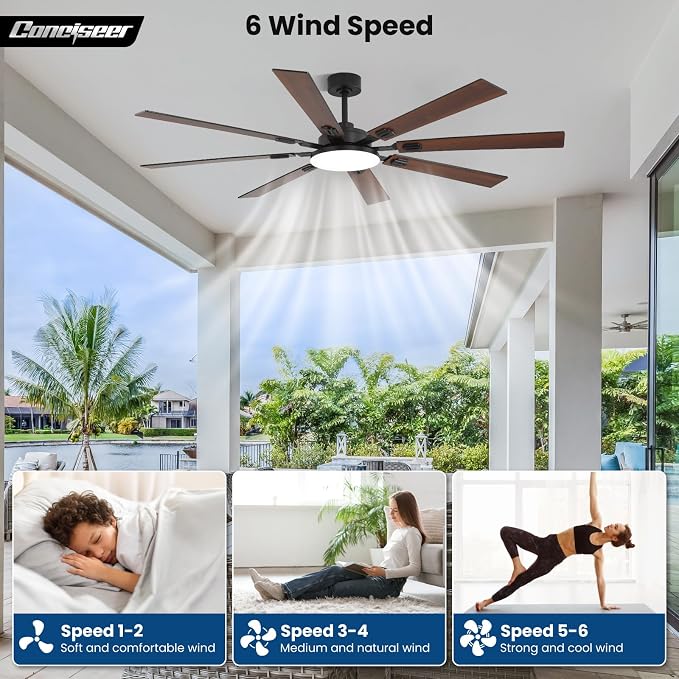 72 Inch Ceiling Fans with Lights and Remote, Dual Color 8 Blades, Bedroom Living Room Office Library Cafe Outdoor Industrial, 3CCT Dimmable, 6 Speed Reversible Quiet DC Motor, Black/Wood Grain
