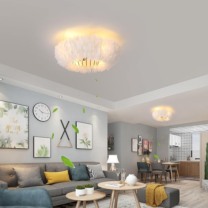 20" Modern Ceiling Fans with Lights and Remote Control，White Feather Chandeliers Stylish Low Profile Ceiling Fan for Bedroom, Living Room and Small Spaces,Featuring Reversible Motor, 6 Speeds