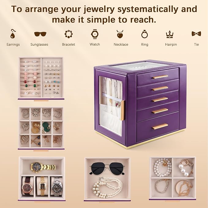 Homeanda Jewelry Box for Women with Glass Lid, 5 Drawers Jewelry Organizer and Storage for Necklaces, Rings, Earrings, Bracelets, Gift for Girls and Teens,PU Leather (Purple)