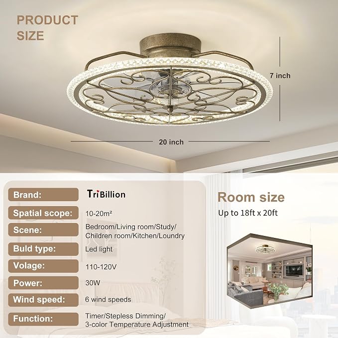 Low Profile Ceiling Fan with Lights 20" Ceiling Fan with Remote Bladeless Ceiling Fan Boho Vintage Flush Mount Ceiling Fan with Light 3 Color Smart LED Dimmable,Handmade Antique Vintage Silver