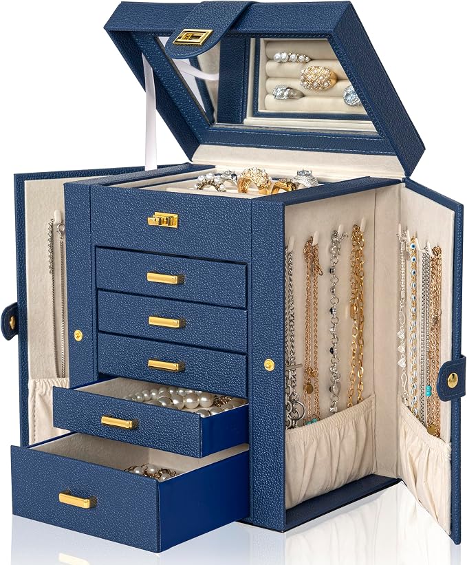 AKOZLIN 6-Tier Jewelry Box Organizer Functional 5 Drawers Leather Jewelry Storage Case for Women Girls Ring Necklace Earring Bracelet Holder Organizer with Mirror Blue Regular