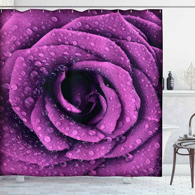 Ambesonne Purple Shower Curtain, Fresh Raindrops on a Big Valentine Rose Universal Timeless Romantic Love Blooms, Cloth Fabric Bathroom Decor Set with Hooks, 69" W x 84" L, Purple