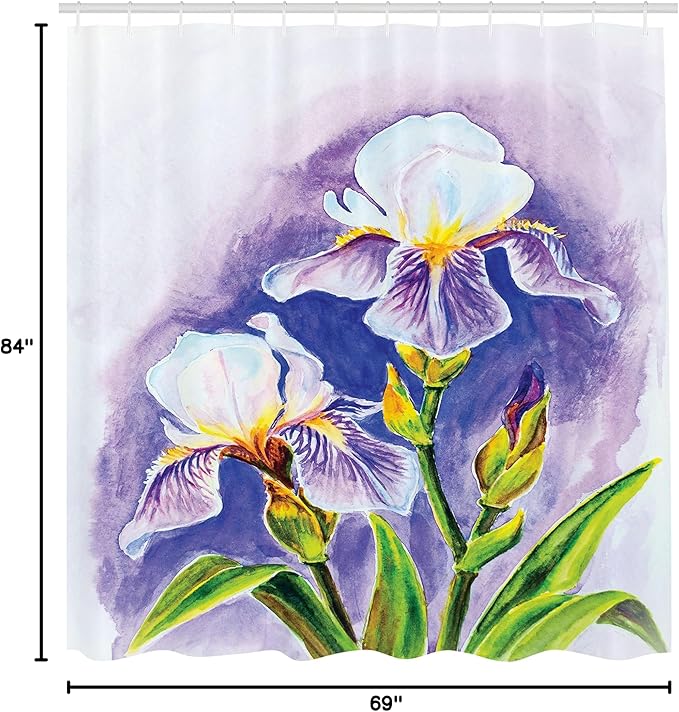 Ambesonne Watercolor Flower Shower Curtain, Painting of Iris Flower Spring Season Blooming Plant Nature Art, Cloth Fabric Bathroom Decor Set with Hooks, 69" W x 84" L, Violet Green