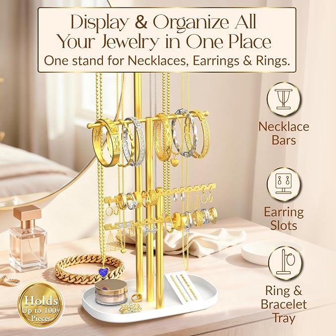 Jewelry Tower Stand Organizer for Women - Elegant Jewelry Holder Display with Necklace Holder, Earring Organizer & Bracelet Rack - Tabletop Jewelry Stand for Dresser, Vanity, Desk
