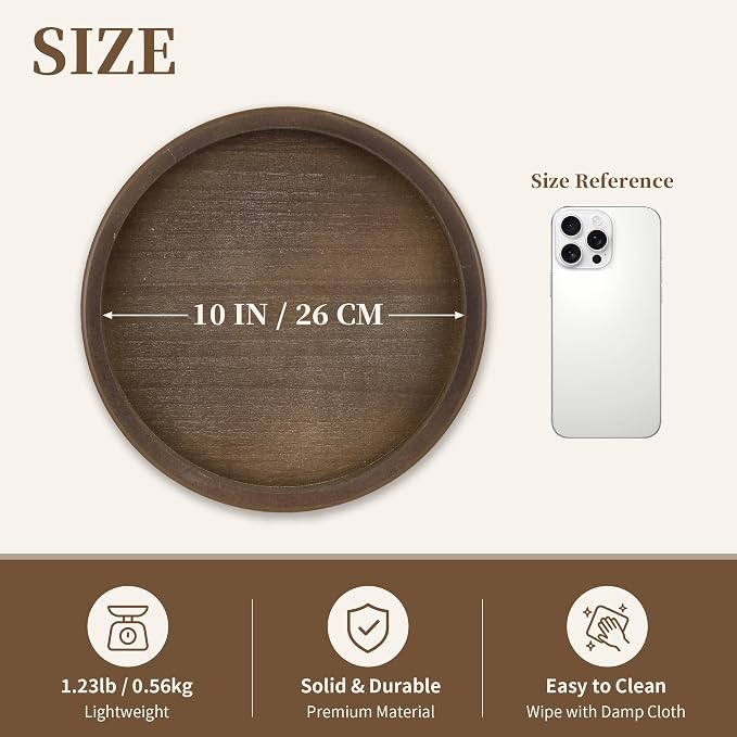 Hanobe Round Wooden Tray Decor: Decorative Candle Plate Holder | 11.8-inch tray for coffee table, rustic table centerpiece for home living room kitchen counter, brown