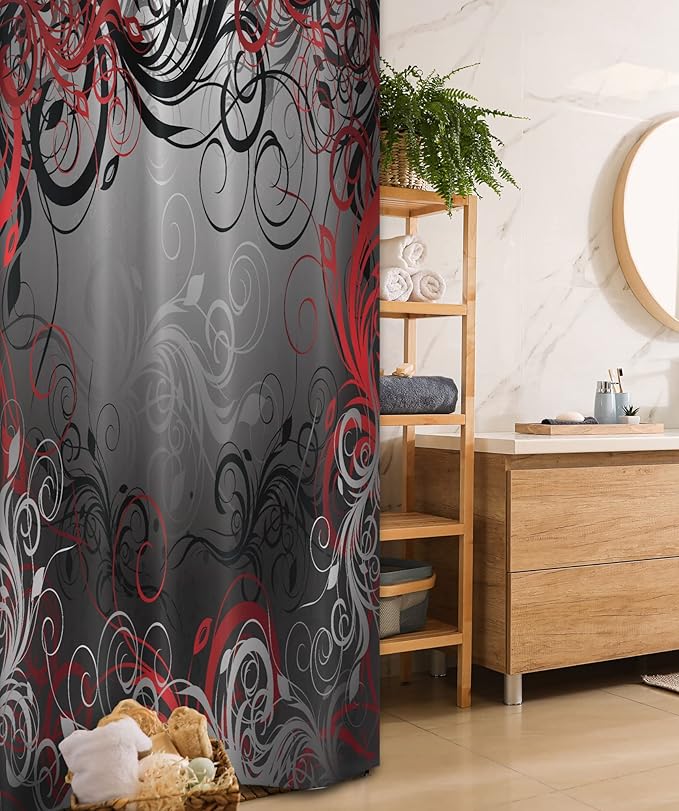 Ambesonne Abstract Stall Shower Curtain, Mystic Forest Floral Swirls Leaves Nature Fading Ombre Effect, Fabric Bathroom Decor Set with Hooks, 36" W x 72" L, Charcoal Ruby