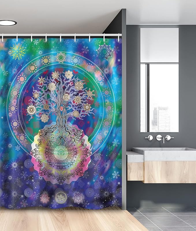 Ambesonne Mandala Stall Shower Curtain, Tree of Life Floral Style Mandala Calm Artwork Peace Design Natural Scenery, Fabric Bathroom Decor Set with Hooks, 54" W x 78" L, Blue Purple